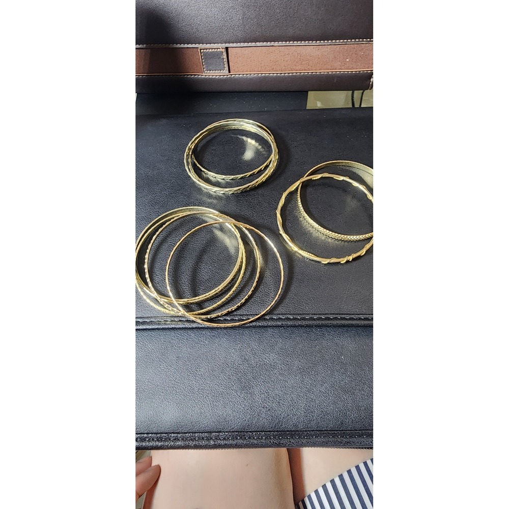 Gold Tone Bangle Bracelet Set 12pc Mixed Texture Diamond Cut Stackable 8 Inch